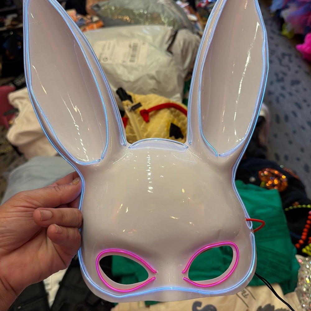 LED Light-Up White Illuminated Pink Neon Bunny Face Ears Plastic Costume Mask